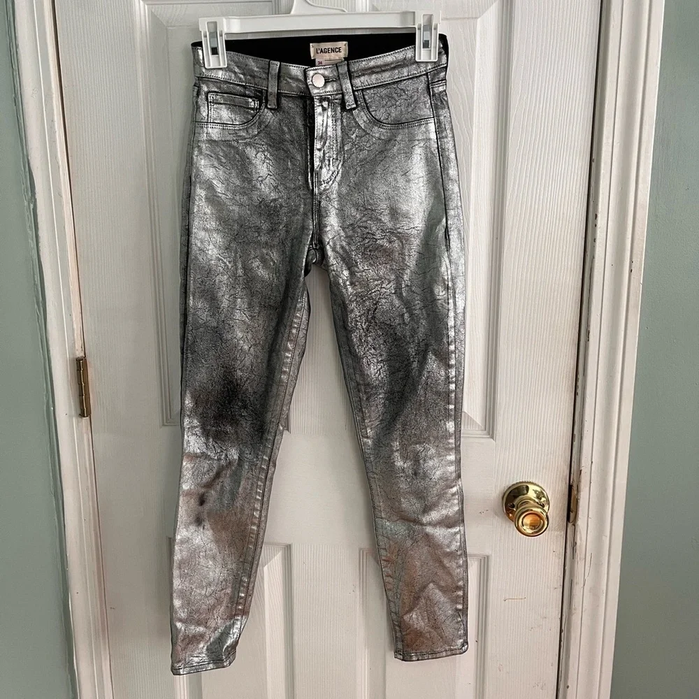 L’Agence Margot Metallic Silver Foil Skinny Jean Size 24